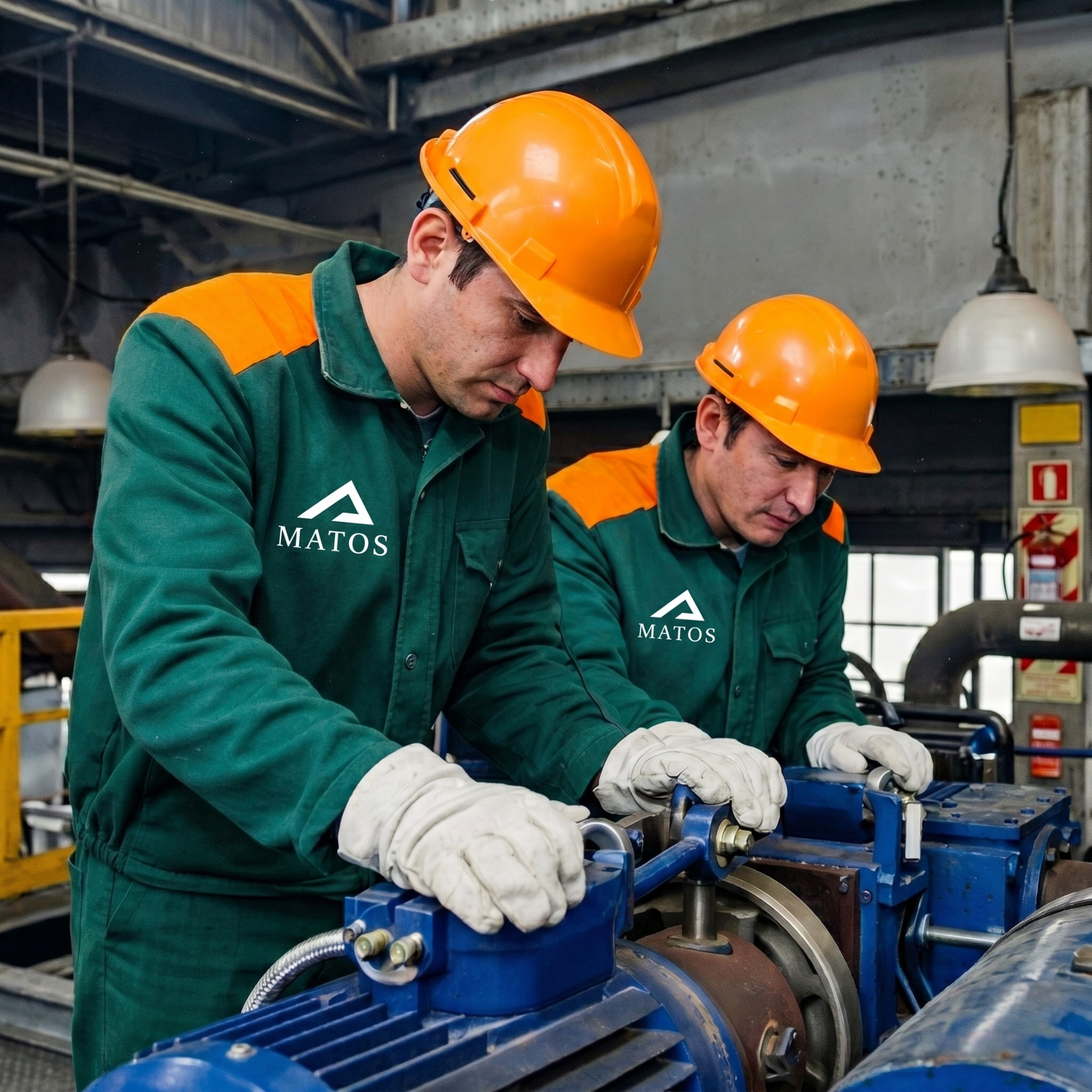 Equipe uniformizada da Matos realizando manutenção em equipamento industrial
